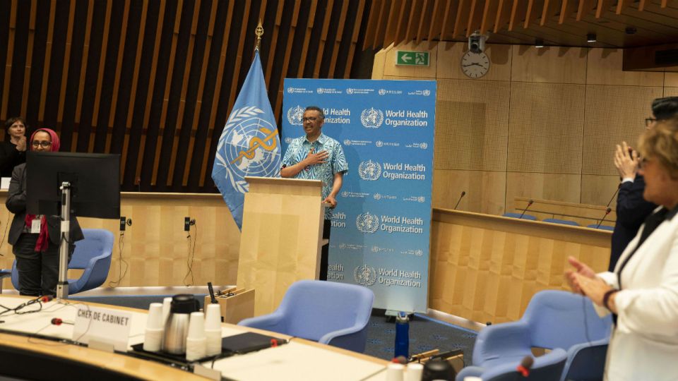 El director general de la organización, Tedros Adhanom Ghebreyesus, cierra asamblea virtual de hoy.