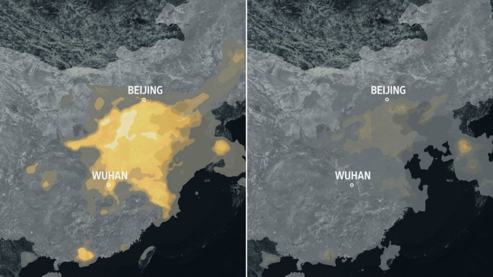 Contaminación del aire en China antes (izq.) y durante (der.) el confinamiento por la pandemia.