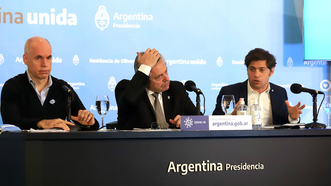 Alberto, Larreta y Kicillof, en el anuncio de extensión de cuarentena hecho este sábado 23 de mayo.