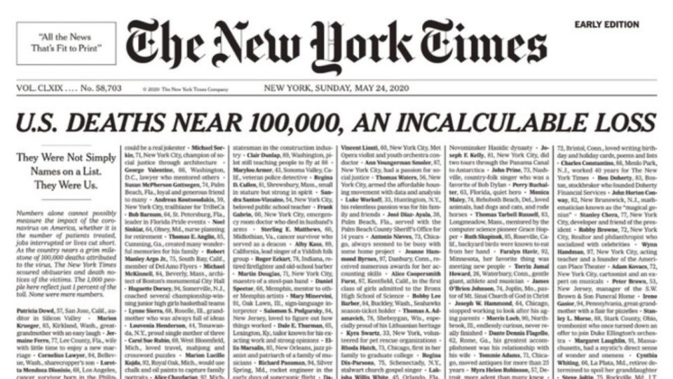 Coronavirus. La impactante tapa de The New York Times.