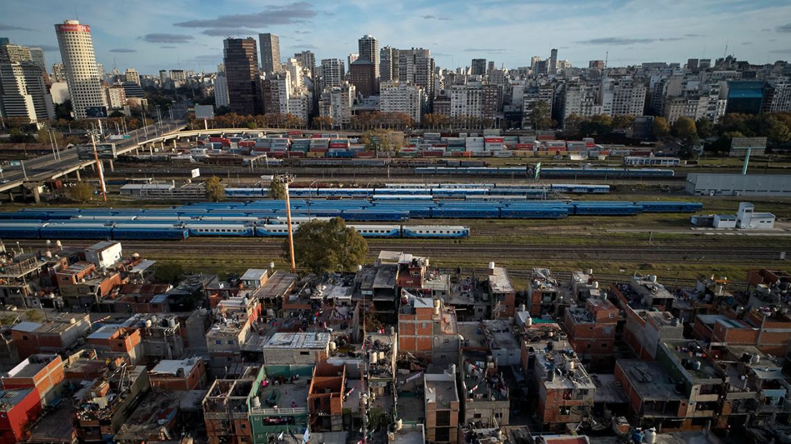 Aerial view of Villa 31, one of the largest slums in Buenos Aires, taken on May 23, 2020 during the Covid-19 novel coronavirus pandemic. 