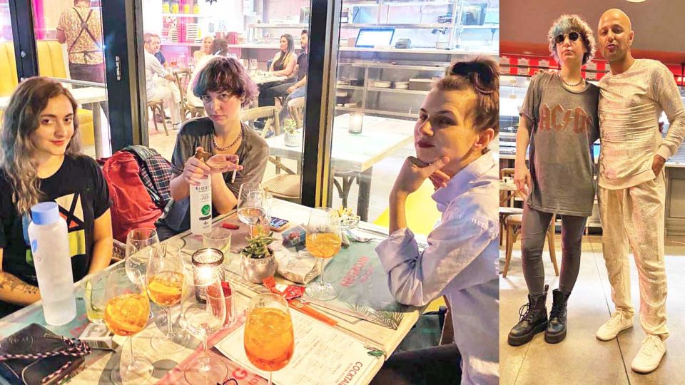 Postales. Florencia junto a sus amigas en un restó de Miami (izq.). Y con su amigo Gaby Álvarez también en ese lugar (der.).