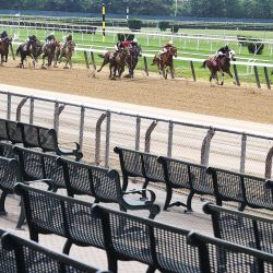 Primer día de carreras de caballos en vivo en Belmont Park, Nueva York. Las carreras de caballos se cerraron en Nueva York debido a la pandemia del coronavirus COVID-19 y los funcionarios lo autorizaron para reanudar sin la asistencia de fanáticos. | Foto:Al Bello / Getty Images / AFP