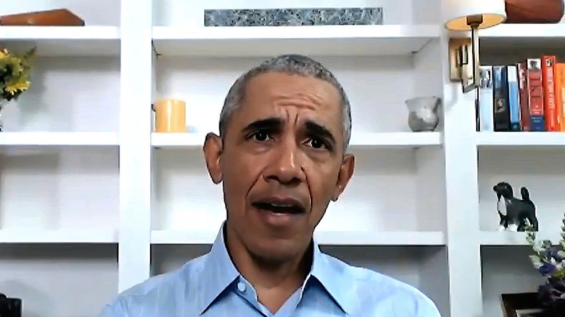In this image from video provided by My Brother's Keeper Alliance and The Obama Foundation, former US president Barack Obama speaks Wednesday, June 3, 2020, during a virtual town hall event with young people.