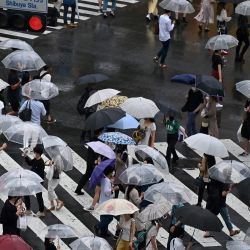 La gente usa paraguas para protegerse de la lluvia mientras cruzan el cruce de Shibuya en Tokio. | Foto:CHARLY TRIBALLEAU / AFP