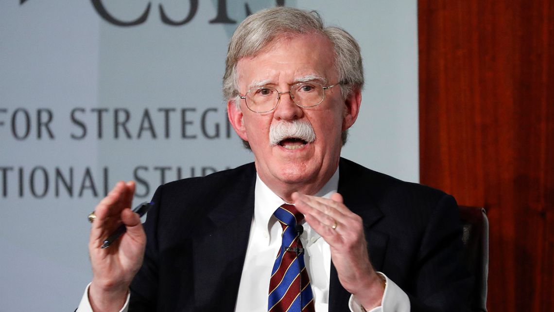 Former national security adviser John Bolton gestures while speakings at the Center for Strategic and International Studies in Washington.