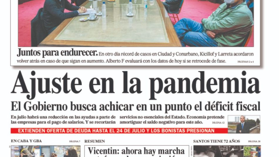 La tapa del sábado 20 de junio del Diario Perfil.