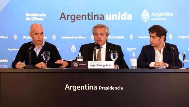 El Presidente Alberto Fernández junto al Jefe de Gobierno Horacio Rodríguez Larreta y el Gobernador Axel Kicillof.