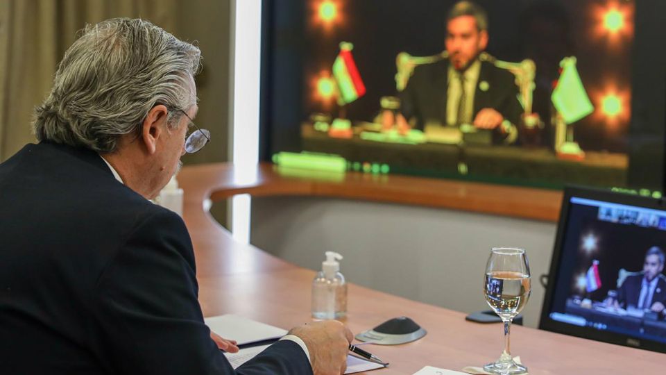 Alberto Fernández durante su participación en la Cumbre virtual del Mercosur.