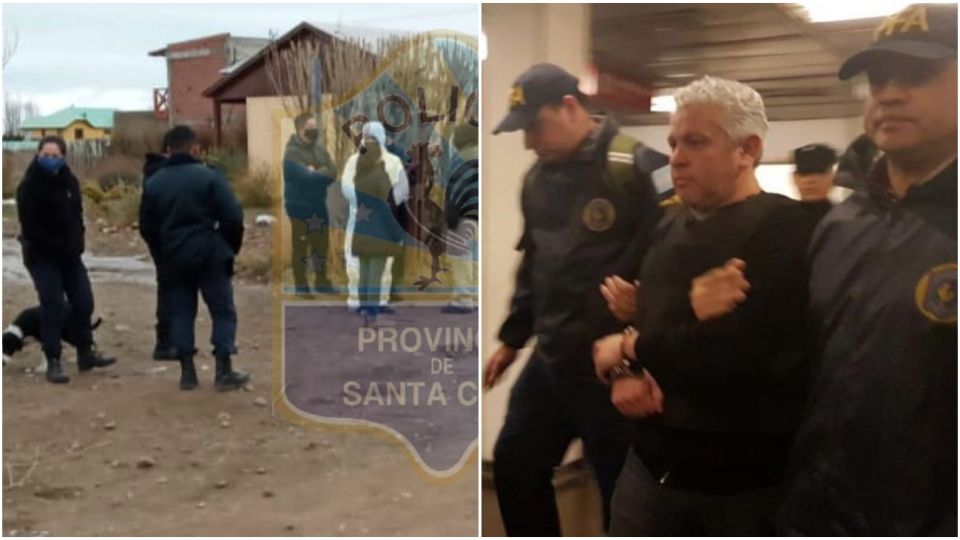 La casa de la calle Cañadón Seco, en Calafate, y al lado una foto de Fabián Gutiérrez cuando declaraba por la causa de los cuadernos.