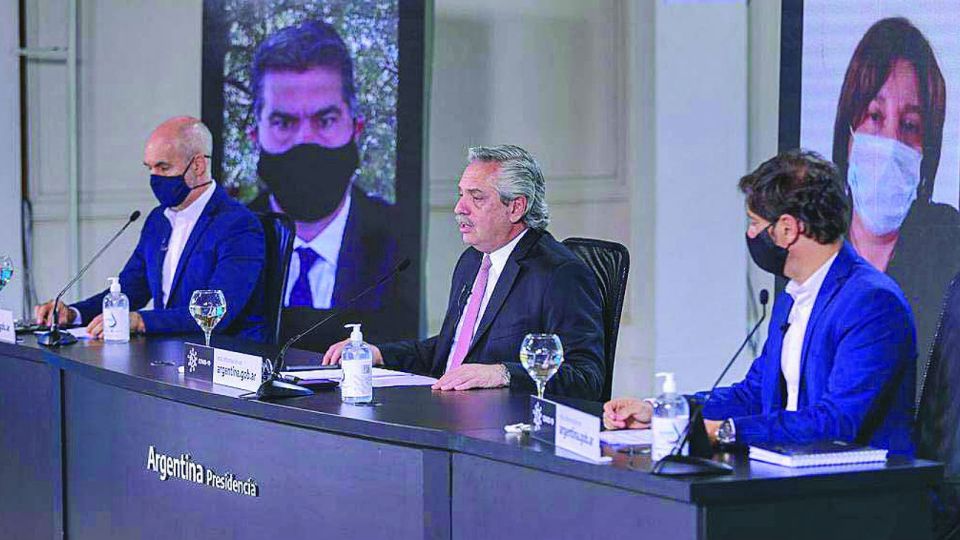 Rodríguez Larreta, junto al presidente Alberto Fernández y el gobernador Axel Kicillof, en los anuncios de Olivos.
