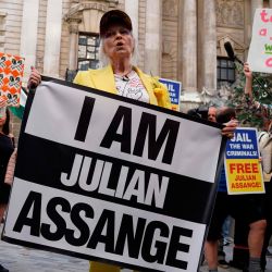 La diseñadora británica Vivienne Westwood hace gestos después de ser suspendida dentro de una jaula de pájaros frente al Old Bailey en el centro de Londres el 21 de julio de 2020, en protesta por el juicio de extradición del fundador de Wikileaks, Julian Assange.  | Foto:NIKLAS HALLE'N / AFP