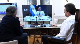 Guzmán, en videoconferencia con Sergio Massa y Máximo Kirchner. 20200803