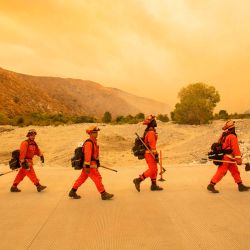 Los bomberos internos llegan al lugar del incendio de Water, un nuevo comienzo a unas 20 millas del incendio de Apple en Whitewater, California. | Foto:JOSH EDELSON / AFP