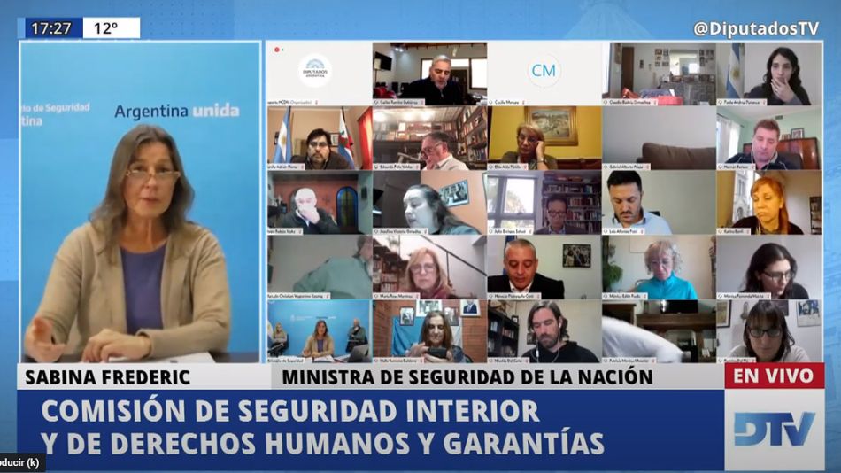 La ministra de Seguridad, Sabina Frederic, respondiendo en la sesión virtual de las comisiones de Diputados.