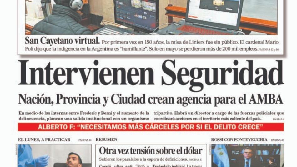 La tapa de la edición impresa de este sábado 8 de agosto.
