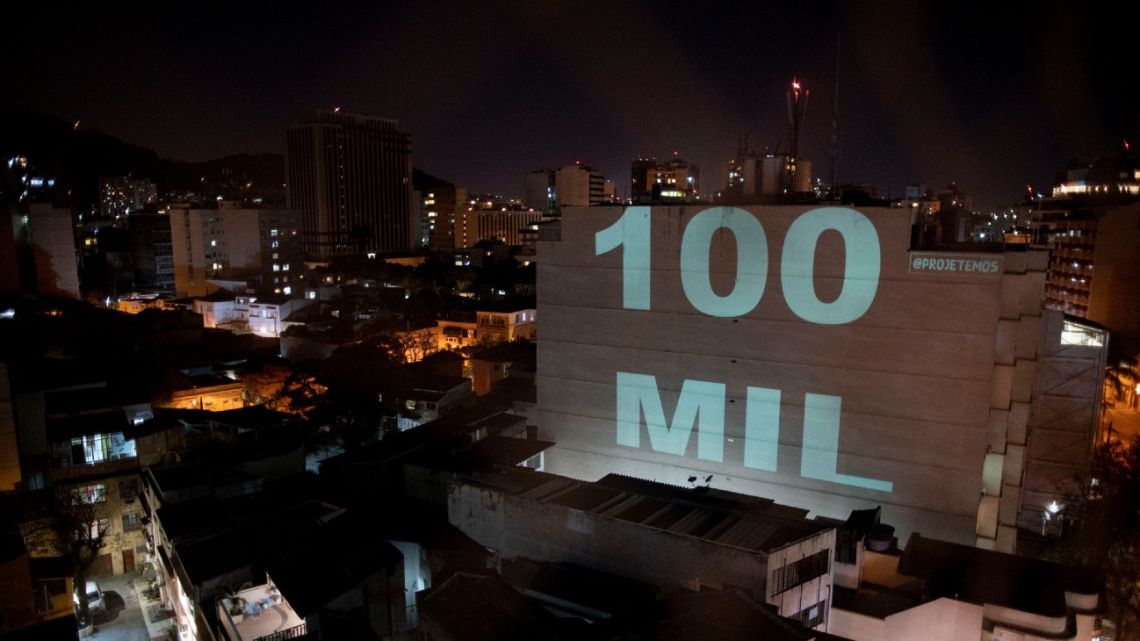 A projection on a building honours the 100,000 victims who died of Covid-19 in Brazil as the country became the second in the world to pass the grim milestone, in Botafogo neighbourhood in Rio de Janeiro, Brazil, on August 8, 2020.