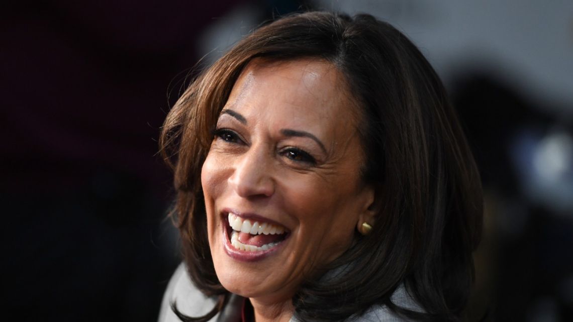 Democratic presidential hopeful California Senator Kamala Harris speaks to the press in the Spin Room after participating in the fifth Democratic primary debate of the 2020 presidential campaign season co-hosted by MSNBC and The Washington Post at Tyler Perry Studios in Atlanta, Georgia. 