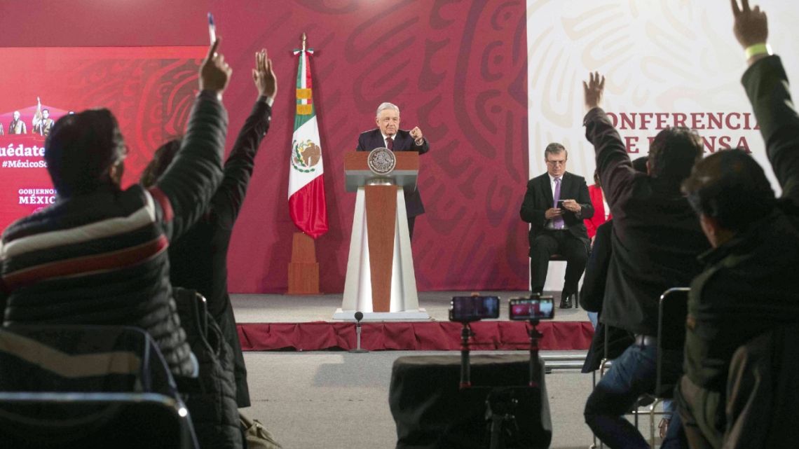Handout picture released by Mexico's Presidency showing Mexican President Andres Manuel Lopez Obrador speaking during a press conference at the National Palace in Mexico City, on August 13, 2020 amid the COVID-19 novel coronavirus pandemic. Lopez Obrador said that the AstraZeneca vaccine that Mexico and Argentina will produce against COVID-19 could be available in the first quarter of 2021, once the final clinical phase is concluded in November. Mexico has thanked Mexican magnate Carlos Slim for financing the production of the drug. 