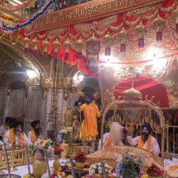 El sacerdote sij Gurminder Singh se sienta detrás del Guru Granth Sahib (libro sagrado sij) durante un Jalau, una exhibición de elementos simbólicos del sijismo, dentro del Templo Dorado con motivo del 416 aniversario de la instalación del Guru Granth Sahib, en Amritsar. | Foto:NARINDER NANU / AFP