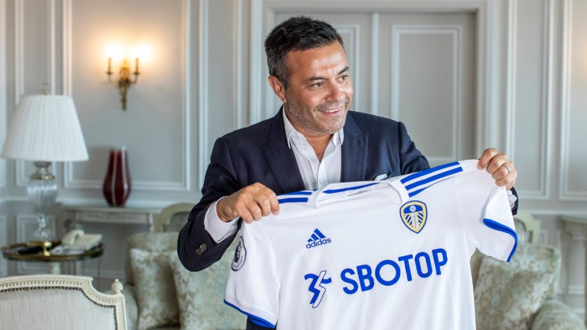 In this photo taken on Wednesday, August 19, 2020, Leeds owner Andrea Radrizzani holds a Leeds United shirt, during an interview with the Associated Press in Lisbon, Portugal. 