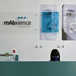 View of the an Argentine flag by the reception desk of the mAbxience biosimilar monoclonal antibody laboratory plant where an experimental coronavirus vaccine will be produced for Latin America in Garin, Buenos Aires Province.