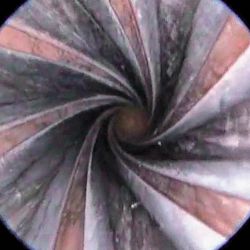 Imagen tomada a través de un “borescope” en la que se aprecia toda el ánima de un cañón, con sus estrías con signos de encobramiento y restos de pólvora.
