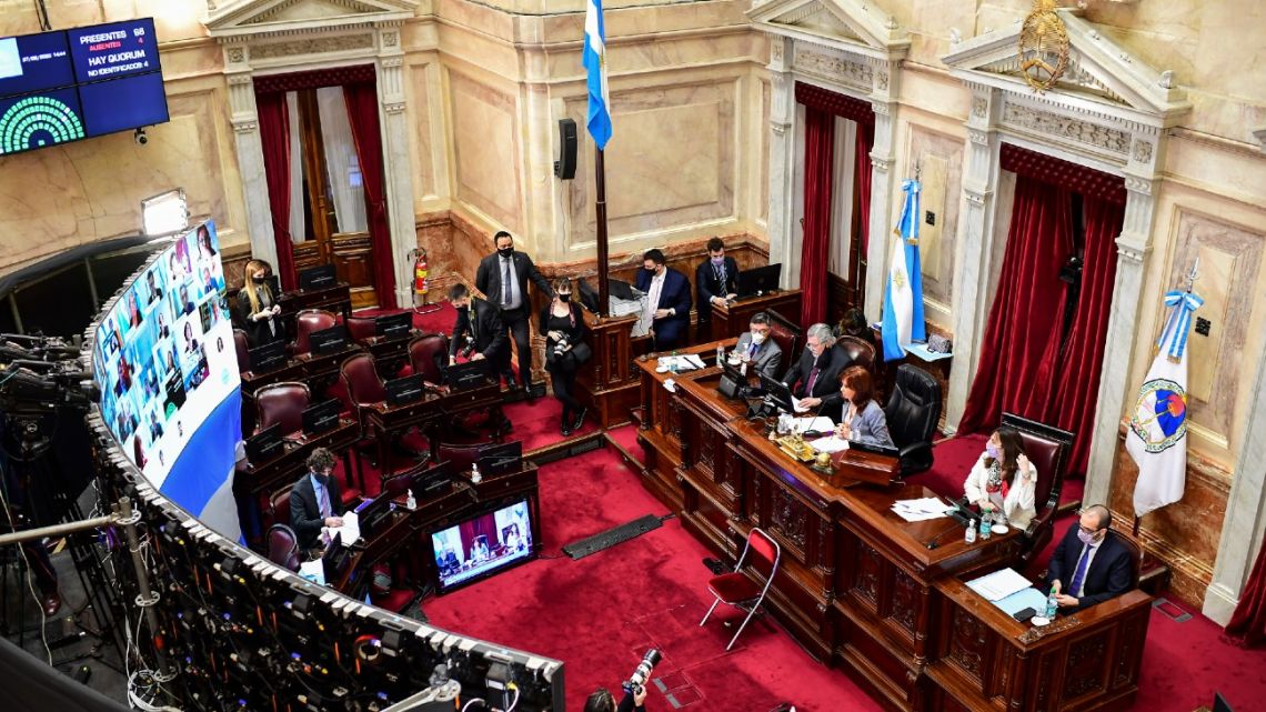 The Senate, presided over by Vice-President Cristina Fernández de Kirchner, during a session on August 27, 2020. 