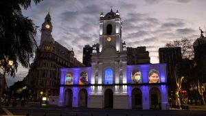 Portraits of essential workers during coronavirus pandemic are projected in the facade of the historic Cabildo of Buenos Aires, by initiative of the Culture Ministry as an homage for their commitment on August 29, 2020. 