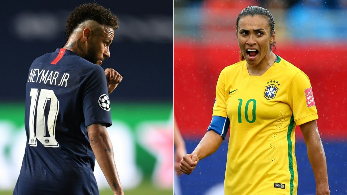 Brazilian footballers Neymar and Marta, representing their national teams.