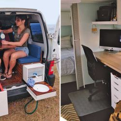 Algunos motorhomes vienen equipados como oficina rodante, ideal para actividades al aire libre. El camper de la izquierda es chiquito, pero no le falta nada para una salida en familia.