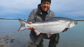 Miguel Garrido, el guía de referencia en Comandante Luis Piedra Buena, con uno de los chinook que al ingresar al río Santa Cruz lucen brillantes y espléndidos, sin el desgaste del remonte y el desove.