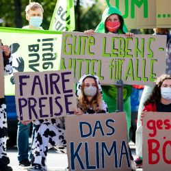 Berlín: activistas por los derechos de los animales que llevan máscaras faciales sostienen carteles durante una protesta frente a la Cancillería Federal. | Foto:Bernd von Jutrczenka / DPA