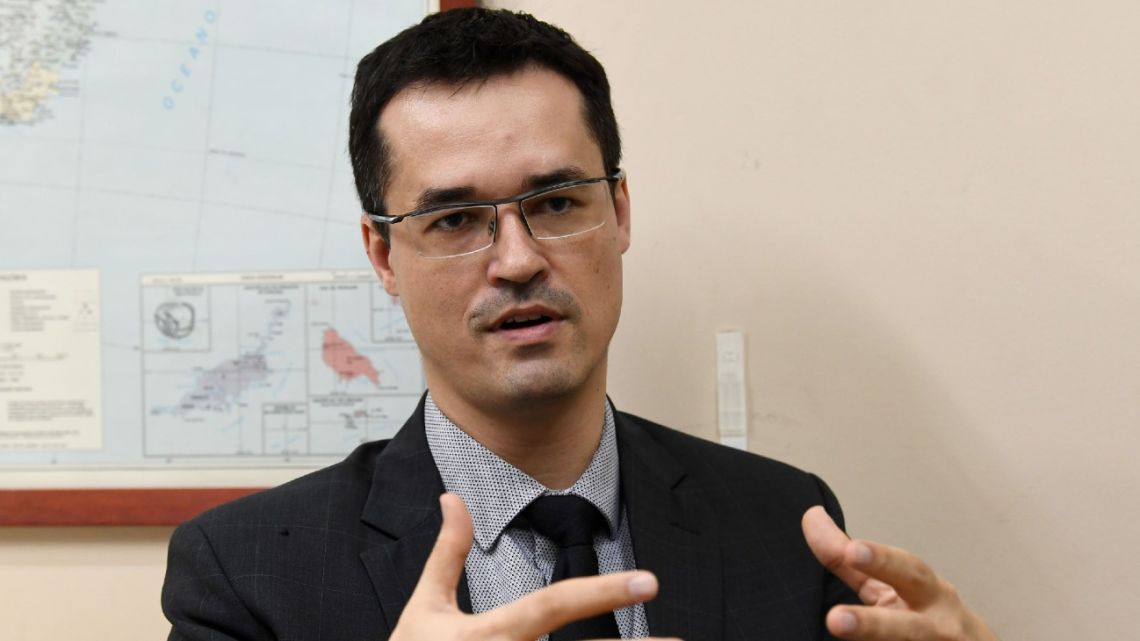 In this file photo taken on September 26, 2019, Brazilian attorney Deltan Dallagnol, then-chief prosecutor of Lava Jato anti-corruption probe, gestures during an interview with AFP in Brasilia. 