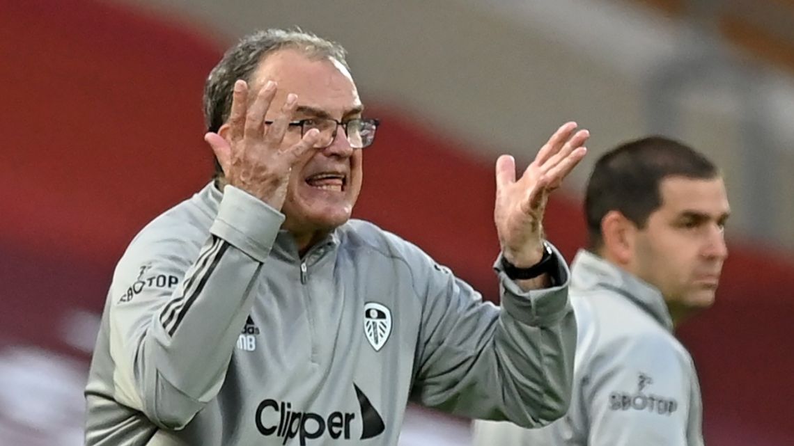 Marcelo Bielsa gestures on the touchline during the English Premier League football match between Liverpool and Leeds United at Anfield on September 12, 2020. 