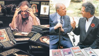 Ricci. A izq., el editor rodeado de sus creaciones. A der., junto a Borges, en Milán.