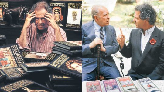 Ricci. A izq., el editor rodeado de sus creaciones. A der., junto a Borges, en Milán.