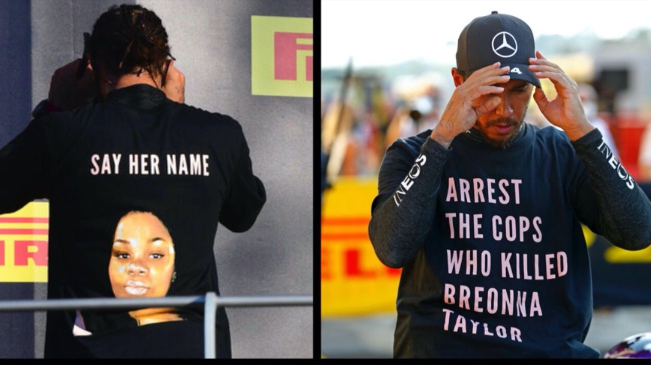 Lewis Hamilton usó una remera pidiendo la detención de los policías que asesinaron a Breonna Taylor, en el podio del circuito de Mugello (Italia).