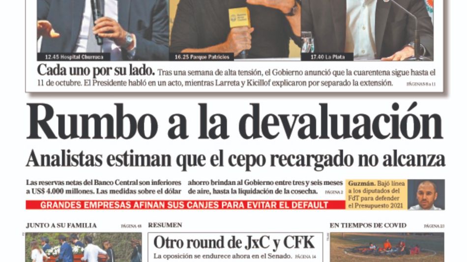 La portada de este sábado 19 de septiembre de 2020.