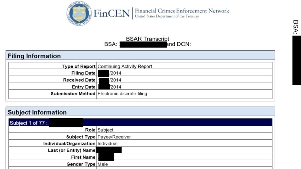 Ejemplo de la carátula de un reporte de operación sospechosa. Fuente: FinCEN Files.