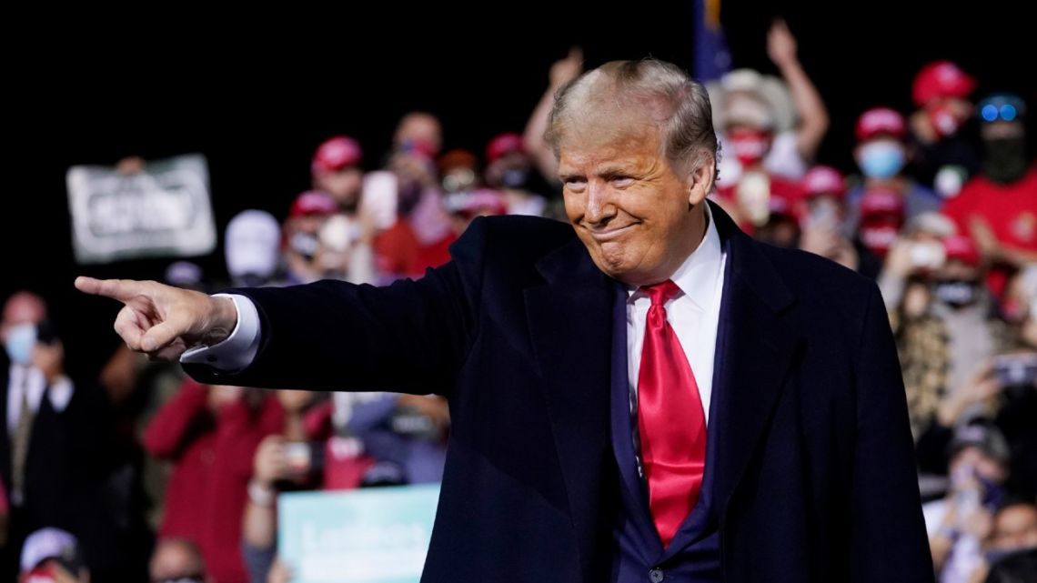 US President Donald Trump wraps up his speech at a campaign rally at Fayetteville Regional Airport, Saturday, September 19, 2020, in Fayetteville
