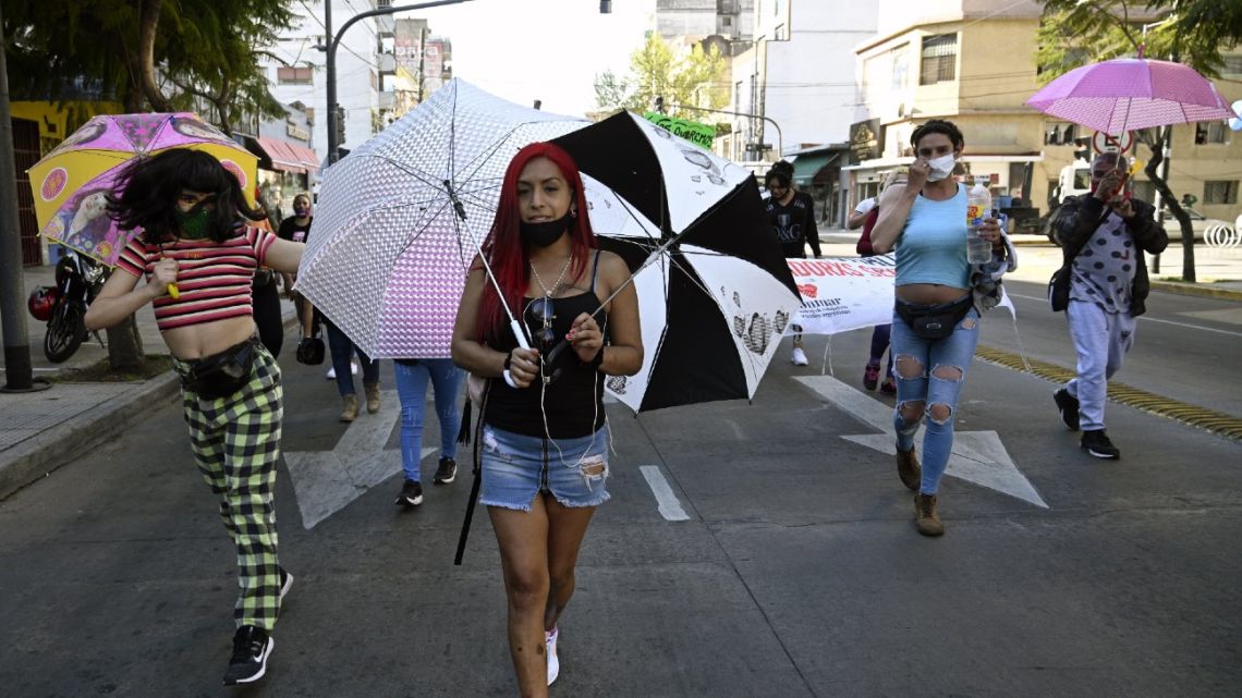 Sex workers rally to protest against police brutality and coronavirus restrictions during the Covid-19 coronavirus pandemic, in Buenos Aires.