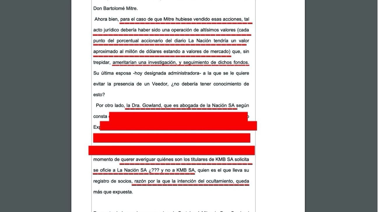 Fragmentos del escrito donde se argumenta la importancia de un veedor externo, parte de la cuestión de las acciones de La Nación, y del cierto dinero en el exterior.