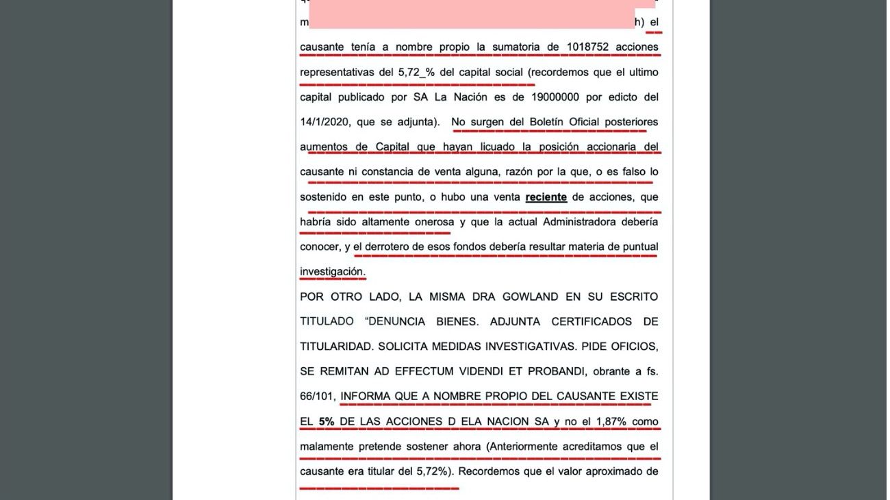 Fragmentos del escrito donde se argumenta la importancia de un veedor externo, parte de la cuestión de las acciones de La Nación, y del cierto dinero en el exterior.