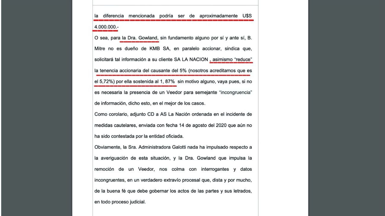 Fragmentos del escrito donde se argumenta la importancia de un veedor externo, parte de la cuestión de las acciones de La Nación, y del cierto dinero en el exterior.