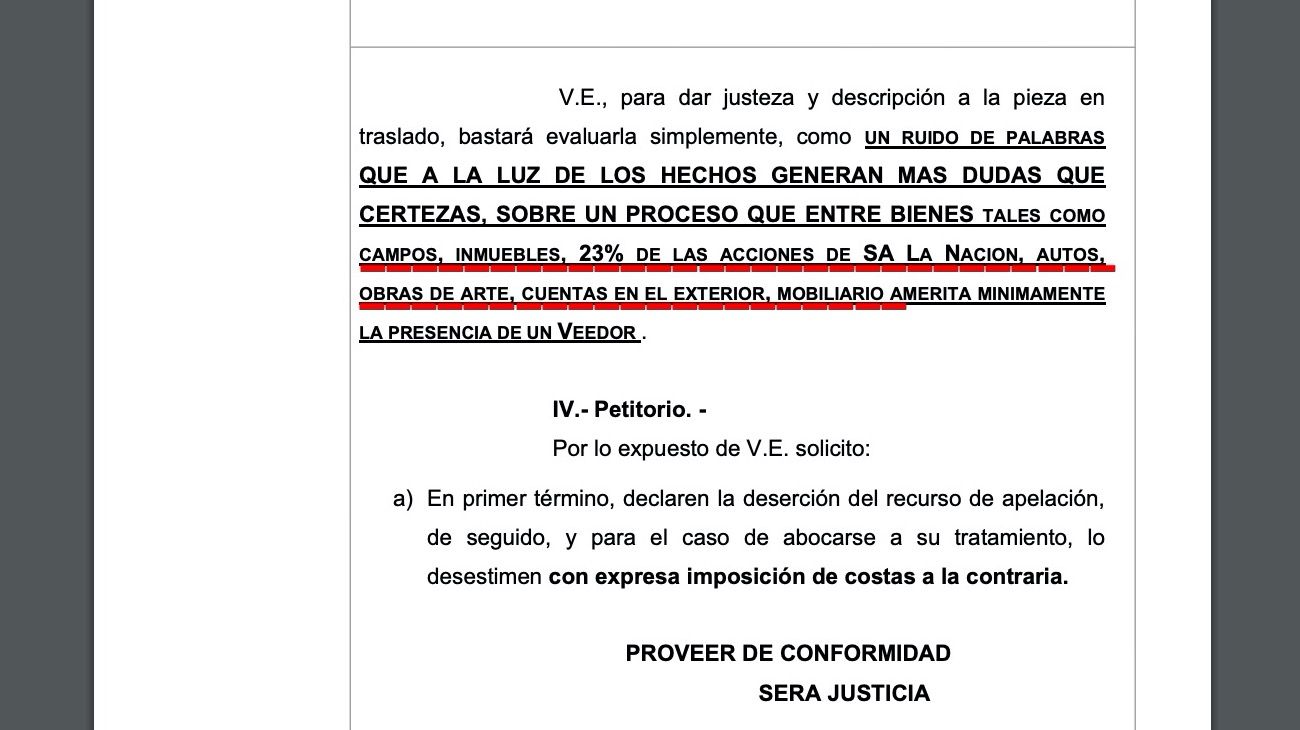 Fragmentos del escrito donde se argumenta la importancia de un veedor externo, parte de la cuestión de las acciones de La Nación, y del cierto dinero en el exterior.