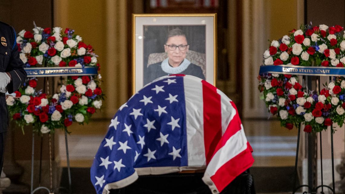 Late US Supreme Court justice Ruth Bader Ginsburg lies in state in Statuary Hall of the US Capitol in Washington on Friday.