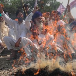 Los agricultores gritan consignas mientras queman una efigie con imágenes del líder del partido del Congreso, Rahul Gandhi, el primer ministro indio Narendra Modi, el partido Aam Aadmi (AAP) y el miembro del parlamento Bhagwant Mann y el presidente del partido Shiromani Akali Dal (SAD), Sukhbir Singh Badal, durante una protesta contra la reciente aprobación de proyectos de ley de reforma agrícola en el Parlamento, en las afueras de Amritsar. | Foto:NARINDER NANU / AFP
