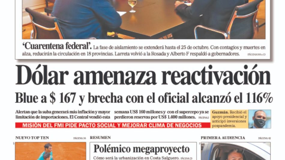 La tapa del sábado 10 de octubre del Diario Perfil.