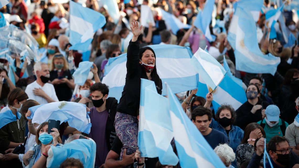 Anti-government protesters rally against a wide range of issues, including government economic policy and state policies to fight the spread of Covid-19, in Buenos Aires, on Monday, October 12, 2020. 
